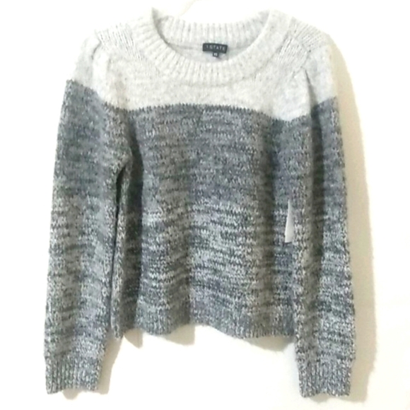 1. STATE CREW NECK GRAY COLOR-BLOCK WOOL BLEND WOVEN SWEATER SIZE XS NWT - Picture 1 of 8